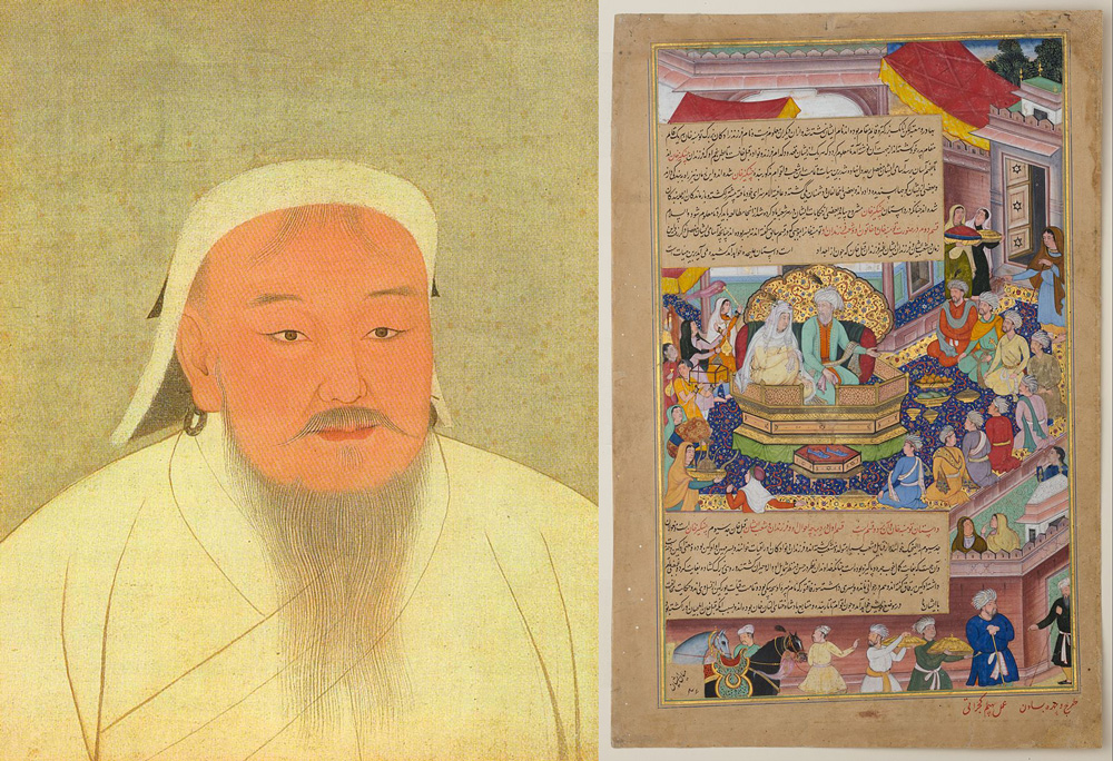 Слева — Чингисхан, справа — могольская миниатюра «Чингисхан, Бортэ и их сыновья»